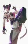  1girl absurdres aqua_nails baggy_pants black_gloves bracelet chinese_commentary collar commentary_request diagonal_bangs fingerless_gloves gloves gootai hair_horns hair_over_one_eye han_juri highres jewelry looking_to_the_side multicolored_hair pants pink_eyes simple_background solo spiked_bracelet spiked_collar spikes stirrup_legwear streaked_hair street_fighter street_fighter_6 toeless_legwear white_background 