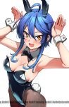  1girl ahoge animal_ear_hairband animal_ears ashiroku_(miracle_hinacle) black_bow black_bowtie black_leotard black_pantyhose blue_hair bow bowtie breasts cleavage commentary_request covered_navel cowboy_shot detached_collar fake_animal_ears hairband highres leotard medium_breasts orange_eyes original pantyhose playboy_bunny rabbit_ears rabbit_pose rabbit_tail short_hair short_hair_with_long_locks simple_background solo strapless strapless_leotard tail watermark white_background wrist_cuffs 