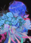  1other armor black_background blue_flower blue_hair blue_rose blue_skin bouquet colored_skin commentary deltarune english_commentary flower highres holding holding_bouquet kris_(dark_world)_(deltarune) kris_(deltarune) other_focus rose short_hair solo utdr_(toby_fox) watermark zipsunz 