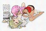  2girls adversarial_noise black_panties blonde_hair chloe_von_einzbern collarbone dark_skin fate/kaleid_liner_prisma_illya fate_(series) illyasviel_von_einzbern lying_on_person multiple_girls orange_eyes panties pink_hair red_eyes shirt underwear veler-crank watermark white_shirt yuri 