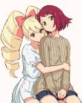  2girls alternate_costume black_skirt blonde_hair brown_eyes chromatic_aberration closed_mouth commentary cowboy_shot dress drill_hair expressionless front-to-back fujichamo green_eyes highres hug hug_from_behind long_hair long_sleeves looking_at_viewer luna_platz_(mega_man) mega_man_(series) mega_man_star_force_(series) multiple_girls purple_hair red_hair ribbed_sweater shirt short_hair short_sleeves simple_background sitting sitting_on_lap sitting_on_person skirt sonia_strumm_(mega_man) sweater twin_drills white_background white_dress white_shirt 