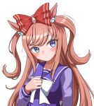  1girl agnes_digital_(umamusume) animal_ears blue_eyes blush bow bowtie breasts commentary_request hair_bow highres horse_ears horse_girl horseshoe_ornament large_bow long_hair long_sleeves looking_at_viewer parted_lips pink_hair purple_sailor_collar purple_shirt sailor_collar sailor_shirt school_uniform serafuku shirt simple_background small_breasts solo tofu_thunder tracen_school_uniform umamusume white_background white_bow white_bowtie winter_uniform 