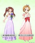  2girls armlet bare_shoulders blue_bow blue_eyes blue_ribbon blush bouquet bow braid brown_eyes brown_hair character_name choker collarbone commentary_request crown dress earrings floral_print flower frilled_dress frills full_body girls_und_panzer girls_und_panzer_senshadou_daisakusen! gradient_background gradient_clothes gradient_dress green_background hair_bow hand_on_own_cheek hand_on_own_chest hand_on_own_face high_heels holding holding_bouquet jewelry kadotani_anzu large_bow layered_dress long_dress looking_at_viewer medium_hair mini_crown multiple_girls official_art orange_hair orange_pekoe_(girls_und_panzer) outstretched_arm parted_bangs pendant_choker pleated_dress purple_dress purple_flower red_bow red_dress red_sash ribbon sash see-through_clothes see-through_sleeves shoes short_hair short_sleeves smile standing strapless strapless_dress translated twintails white_bow white_shoes wrist_cuffs 
