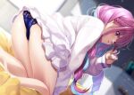  1girl arm_support ass barefoot bedroom bent_over blue_hair blue_nails blue_panties blue_streaks blush braid braided_twintails commentary_request dutch_angle fenrir_(fenlil0316) highres hololive indoors jacket lace lace_panties light_particles long_hair looking_at_viewer messy_hair minato_aqua minato_aqua_(sailor) morning multicolored_hair nail_polish nearly_naked_jacket official_alternate_costume official_alternate_hairstyle panties purple_eyes purple_hair sidelocks solo streaked_hair twin_braids twintails two-tone_hair underwear virtual_youtuber white_jacket 