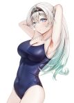  1girl armpits arms_behind_head bare_arms bare_legs bare_shoulders blue_eyes blue_one-piece_swimsuit breasts cleavage collarbone commentary_request competition_swimsuit covered_navel firefly_(honkai:_star_rail) gradient_eyes gradient_hair green_hair grey_hair hair_between_eyes hairband hatsukyo highres honkai:_star_rail honkai_(series) large_breasts looking_to_the_side multicolored_eyes multicolored_hair one-piece_swimsuit pink_eyes simple_background solo swimsuit white_background 