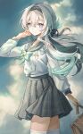  1girl absurdres arm_at_side arm_up bag blue_eyes brooch buttons closed_mouth cloud cloudy_sky commentary_request double-breasted firefly_(honkai:_star_rail) firefly_(spring_missive)_(honkai:_star_rail) gradient_eyes gradient_hair green_hair green_neckerchief grey_hair grey_sailor_collar grey_skirt hair_ornament hairband hand_on_own_face highres holding holding_bag honkai:_star_rail honkai_(series) jewelry long_hair long_sleeves looking_at_viewer lucyqer multicolored_eyes multicolored_hair neckerchief pink_eyes sailor sailor_collar school_bag school_uniform shirt skirt sky smile solo thighhighs thighs white_shirt white_thighhighs wing_brooch wing_hair_ornament yellow_eyes zettai_ryouiki 