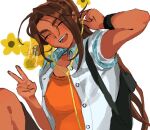  1girl alien_stage brown_hair closed_eyes collared_shirt commentary contrast_collar danganronpa_(series) dark-skinned_female dark_skin earbuds earphones english_commentary flower highres hyuna_(alien_stage) komaeda_nagito layered_shirt official_alternate_costume open_clothes open_shirt orange_shirt ponytail rudi_(ruwudi11037) shirt sleeves_rolled_up solo v white_shirt yellow_flower 