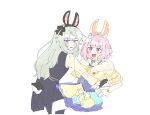  2girls animal_ear_hairband animal_ears black_gloves black_vest blush change!_emu_wa_ojou_sama!?_(project_sekai) commentary_request fake_animal_ears fake_tail gloves green_hair hairband highres korean_commentary kusanagi_nene long_hair multiple_girls official_alternate_costume ootori_emu open_mouth pink_eyes pink_hair project_sekai purple_eyes purple_skirt rabbit_ear_hairband rabbit_ears shirt short_hair simple_background skirt sweatdrop tail tuxedo vest wheloo3rd white_background yellow_shirt yuri 