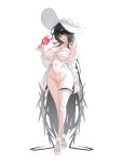  1girl alternate_costume bikini black_hair black_wings blue_archive breasts cleavage collarbone commentary_request cup drink full_body hat highleg highleg_bikini highres holding holding_cup korean_commentary large_breasts long_hair low_wings missing_halo musclexm navel open_mouth red_eyes simple_background smile solo sun_hat swimsuit thighs tsurugi_(blue_archive) very_long_hair white_background white_bikini white_hat wings 