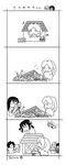  4koma 6+girls aircraft charlotte_munchhausen comic greyscale hachisuka_tomoe helicopter house ikeda_takashi kazama_ushio matsubara_koino monochrome multiple_girls murasame_sumika sasameki_koto semimaru_mayu taema_miyako tears torioi_kiyori 