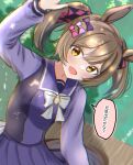  1girl animal_ears back_bow blush bow bowtie breasts brown_eyes brown_hair commentary_request hair_between_eyes hair_bow horse_ears horse_girl horseshoe_ornament large_bow long_sleeves looking_at_viewer medium_hair multiple_hair_bows open_mouth pink_bow pleated_skirt purple_bow purple_sailor_collar purple_serafuku purple_shirt purple_skirt sailor_collar sailor_shirt school_uniform serafuku shirt skirt small_breasts smart_falcon_(umamusume) smile solo speech_bubble tofu_thunder tracen_school_uniform translated twintails umamusume white_bow white_bowtie winter_uniform 