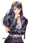  1girl alynomali bead_necklace beads black_hair black_pants blue_eyes breasts button_up_skirt cleavage commentary english_commentary eyewear_on_head hand_on_own_chin highres jacket jewelry leather leather_jacket long_hair looking_at_viewer necklace nico_robin one_piece pants pinstripe_pattern pinstripe_shirt shirt smile sunglasses 