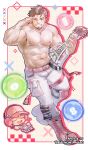  1boy abs absurdres bara baseball_cap belt biceps blue_eyes blush boots broad_shoulders brown_hair bubble cargo_pants chibi chibi_inset closed_eyes collarbone commentary commission dooyong_9n english_commentary english_text facial_hair full_body goatee grin guitar hat headphones headphones_over_headwear highres holding holding_guitar holding_instrument instrument large_pectorals male_focus mole mole_under_eye muscular muscular_arms muscular_male musical_note navel nipples one_eye_closed open_mouth original pants pectorals pink_belt pink_boots pink_hat pixel_art_inset playing_guitar playing_instrument smile solo striped_blush thick_eyebrows topless_male twitter_username white_pants 