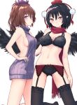 2girls arm_around_another's_waist ass_visible_through_thighs bare_arms bare_legs bare_shoulders black_bra black_hair black_panties black_thighhighs black_wings bow bow_panties bra breasts brown_hair cleavage commentary_request contrapposto duplicate garter_belt hair_ribbon hat head_tilt himekaidou_hatate lace lace-trimmed_bra lace-trimmed_panties lace-trimmed_thighhighs lace_trim long_hair looking_at_viewer medium_breasts multiple_girls naked_sweater navel panties pointy_ears pom_pom_(clothes) purple_eyes purple_hat purple_ribbon purple_sweater red_bow red_eyes red_hat red_scarf revealing_clothes ribbed_sweater ribbon roke_(taikodon) scarf shameimaru_aya sideboob simple_background smile stomach sweater tassel thighhighs tokin_hat touhou turtleneck turtleneck_sweater twintails underwear underwear_only virgin_killer_sweater white_background wings 