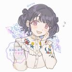  1girl blouse commentary_request fang floral_background floral_print fukumaru_koito highres idolmaster idolmaster_shiny_colors light_blush looking_at_viewer polka_dot_shadow portrait pprs08 purple_eyes shirt skin_fang solo sweatdrop swept_bangs tareme twintails twitter_username watermark wavy_hair 