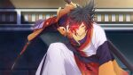  1boy armor artist_request black_hair closed_mouth collarbone commentary dagger english_commentary game_asset glowing glowing_eye hair_between_eyes hair_over_one_eye holding holding_dagger holding_knife holding_weapon japanese_clothes knife long_hair looking_at_viewer male_focus mismatched_eyes official_art orange_eyes purple_armor rokurou_rangetsu sheath sheathed solo sword sword_on_back tales_of_(series) tales_of_berseria tales_of_the_rays third-party_source weapon weapon_on_back 