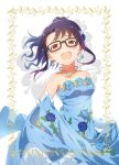  1girl bare_shoulders bead_necklace beads black-framed_eyewear black_hair blue_dress blue_flower blue_rose breasts commentary_request cowboy_shot dress earrings flower glasses high_ponytail highres holding_own_dress idolmaster idolmaster_million_live! jewelry long_dress nakagawa_hiromi necklace ponytail red_eyes rose round_teeth sidelocks small_breasts solo strapless strapless_dress takayama_sayoko teeth upper_teeth_only 