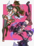  1girl ass bare_shoulders black_boots black_choker black_hair black_skirt black_thighhighs blunt_bangs blush boots bow brown_thighhighs chest_bow choker closed_mouth clothing_cutout colored_inner_hair commentary detached_sleeves dual_wielding ghost_hair_ornament green_bow green_halo hair_bow hair_ornament hairclip halo hashibiro_kou_(garapiko_p) highres holding holding_mace holding_weapon knee_boots leotard looking_at_viewer mace multicolored_hair multiple_hairclips nail_polish nangong_yu nangong_yu_(rhapsody's_muse) navel_cutout necktie no_shoes official_alternate_costume pink_hair purple_halo red_eyes red_necktie revision scar scar_on_back skirt smile spiked_mace spikes stirrup_legwear thighhighs toeless_legwear toenail_polish toenails toes twintails untranslatable_commentary upside-down weapon white_leotard white_wings wings zenless_zone_zero 