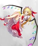  ascot bad_id bad_pixiv_id bare_legs blonde_hair bloomers bobby_socks finger_to_mouth flandre_scarlet hat hat_ribbon highres long_legs mary_janes neco open_mouth red_eyes ribbon shoes short_hair side_ponytail skirt skirt_set smile socks solo touhou underwear wings 