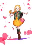  1girl aged_down bag belt bianca_(dq5) blonde_hair blue_eyes blush boots bow bowtie bracelet braid braided_ponytail brown_boots commentary_request daifuku1092 dragon_quest dragon_quest_monsters_4 dragon_quest_v dress falling_petals full_body green_poncho green_socks highres jewelry long_hair open_hands open_mouth orange_dress outstretched_arms petals pink_bag pink_bow pink_bowtie pink_petals ponytail shoulder_bag simple_background socks solo standing standing_on_one_leg white_background 