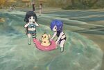  1other 2girls alternate_costume animal_ears beach bikini black_hair cissia_(zenless_zone_zero) commentary day game_screenshot_background hair_over_one_eye holding holding_phone innertube jane_doe_(zenless_zone_zero) long_hair mouse_ears mouse_girl mouse_tail multiple_girls outdoors phone promeia_(zenless_zone_zero) purple_eyes sand screenshot_background smile swim_ring swimsuit tail untranslatable_commentary very_long_hair water xinzoruo zenless_zone_zero 