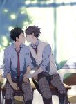  2boys adam's_apple black_hair blue_shirt chair classroom commentary_request curtain_grab curtains desk eye_contact face-to-face grey_sweater_vest haikyuu!! holding_hands imminent_kiss indoors iwaizumi_hajime konno_seara looking_at_another male_focus multiple_boys necktie oikawa_tooru_(haikyuu!!) on_desk open_collar pants red_necktie school_chair school_desk school_uniform shirt short_hair sitting sweater_vest untucked_shirt window yaoi 