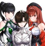  3girls absurdres beret black_hair black_hat bodysuit breasts brown_eyes brown_hair commentary crossover english_commentary eve_(stellar_blade) evie_(stellar_blade) fingerless_gloves gloves goddess_of_victory:_nikke green_bodysuit green_necktie hand_on_another's_shoulder hat headpat highres in-franchise_crossover large_breasts long_hair multicolored_bodysuit multiple_girls nagi412 necktie official_alternate_hair_color planet_diving_suit_(7th)_(stellar_blade) ponytail rapi_(nikke) rapi_(red_hood)_(nikke) red_eyes red_hair red_necktie shift_up short_hair silver_bodysuit simple_background skin_tight sleeveless sleeveless_bodysuit stellar_blade stellar_blade:_blood_rain two-tone_bodysuit white_bodysuit 