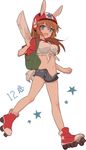  animal_ears backpack bag blue_eyes breasts brown_hair bunny_ears bunny_tail casual charlotte_e_yeager ears_through_headwear helmet letter long_hair medium_breasts midriff mochiya_marosuke navel open_clothes open_mouth open_shorts short_shorts shorts simple_background skates smile solo star strike_witches tail white_background world_witches_series younger 
