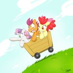  apple_bloom_(mlp) cart cloud clouds cub cutie_mark_crusaders_(mlp) equine female feral friendship_is_magic grass green_eyes hair horn horse mammal my_little_pony outside pegasus pink_hair pony purple_eyes purple_hair red_eyes red_hair scared scootaloo_(mlp) sky slypon sweetie_belle_(mlp) two_tone_hair unicorn wings young 