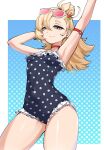  1girl absurdres alternate_costume arm_on_own_head armpits arms_up blonde_hair blue_background blue_one-piece_swimsuit border breasts choker closed_mouth commentary covered_navel cowboy_shot earrings english_commentary eyewear_on_head frilled_one-piece_swimsuit frills green_eyes hair_bun highres jewelry long_hair looking_at_viewer one-piece_swimsuit p_protocoll piper_wheel red_choker small_breasts solo sunglasses swimsuit thighs white_border zenless_zone_zero 