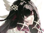 1girl artist_name black_hair closed_eyes closed_mouth columbina_(genshin_impact) commentary english_commentary eye_mask genshin_impact hair_ribbon head_wings highres long_hair mask multicolored_hair portrait purple_hair rente_gu ribbon simple_background solo white_background white_ribbon white_wings wings 