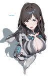  1girl absurdres black_bodysuit black_hair blue_eyes bodysuit breasts cleavage commentary english_commentary full_body grey_bodysuit highres large_breasts long_hair looking_at_viewer melowh multicolored_bodysuit neon_trim open_mouth pointing pointing_at_viewer raven_(stellar_blade) solo stellar_blade swept_bangs two-tone_bodysuit 