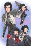  1boy armor black_coat black_hair black_pants black_shirt black_vest blue_eyes blush bouquet buster_sword chibi chibi_inset closed_mouth coat collared_shirt commentary cross_scar crylin6 fang final_fantasy final_fantasy_vii final_fantasy_vii:_ever_crisis flower grey_coat highres holding holding_bouquet holding_sword holding_weapon jacket lily_(flower) male_focus multiple_views necktie official_alternate_costume open_clothes open_coat open_jacket pants red_flower red_jacket red_pants red_rose rose scar scar_on_cheek scar_on_face shirt short_hair shoulder_armor sword vest weapon white_jacket white_shirt yellow_flower zack_fair zack_fair_(glacier_armor) zack_fair_(guardian_style) zack_fair_(holiday_suit) zack_fair_(valiant_suit) 