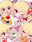  4girls :p apron ascot blonde_hair blush clone closed_eyes collared_shirt commentary crepe donut drooling eating fang flandre_scarlet food four_of_a_kind_(touhou) fruit hair_between_eyes highres holding holding_food long_hair looking_at_viewer mouth_drool multiple_girls musical_note one_eye_closed open_mouth pointy_ears puffy_sleeves red_eyes red_vest saliva shirt smile soesoe300 strawberry tongue tongue_out touhou vest white_shirt wings yellow_ascot 