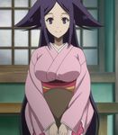  1girl breasts highres japanese_clothes kimono large_breasts long_hair mushibugyou oharu_(mushibugyou) purple_eyes purple_hair screencap stitched tray very_long_hair 