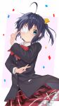  1girl birthday black_jacket blazer blue_eyes blue_hair blush bow bowtie breasts chuunibyou_demo_koi_ga_shitai! commentary_request confetti double_v eyepatch frilled_skirt frills hair_between_eyes hair_ribbon hands_up highres icho_private_high_school_uniform jacket looking_at_viewer medical_eyepatch medium_hair miniskirt plaid_clothes plaid_skirt pleated_skirt red_bow red_bowtie red_skirt ribbon school_uniform shikkoku_no_hono_mikado shirt side_ponytail skirt small_breasts smile solo standing takanashi_rikka v white_shirt yellow_ribbon 