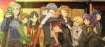  4boys 4girls absurdres amagi_yukiko brown_hair carrying commentary_request cousins doujima_nanako everyone family_bonding grey_eyes grey_hair hairband hanamura_yousuke hat headphones highres jacket korean_commentary kujikawa_rise kuma_(human)_(persona_4) kuma_(persona_4) momma_0311_01 multiple_boys multiple_girls narukami_yu newsboy_cap persona persona_4 persona_4_revival red_hairband satonaka_chie school_uniform shirogane_naoto shoulder_carry tatsumi_kanji track_jacket yasogami_school_uniform 