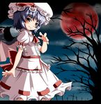  arm_up ascot bare_tree bat_wings brooch cloud cross fang fang_out full_moon hat highres jewelry lavender_hair letterboxed looking_at_viewer mob_cap moon open_hand outdoors puffy_short_sleeves puffy_sleeves red_eyes red_moon remilia_scarlet ribbon sd-sos short_hair short_sleeves skirt skirt_set smile solo touhou tree twilight wings 