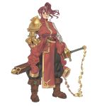  1girl absurdres aged_up alternate_costume anna_(fire_emblem) armor black_pants boots breasts brown_boots coin fire_emblem gauntlets gold_armor gold_coin grey_hair highres huge_weapon juicet1n large_breasts long_sleeves looking_at_viewer mature_female multicolored_hair pants pauldrons pelvic_curtain ponytail red_eyes red_hair scabbard sheath sheathed shoulder_armor single_gauntlet single_pauldron smile solo streaked_hair sword two-tone_hair weapon white_background white_sleeves wrinkled_skin 
