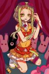  candy commentary cosplay detached_collar english_commentary food goggles green_eyes green_hair gumi gumi_(cosplay) headphones highres jibaku_shounen_hanako-kun kiramisu11 kneeling microphone mokke_(jibaku_shounen_hanako-kun) nanamine_sakura official_style rabbit vocaloid 