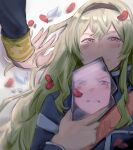  2girls angry blonde_hair bone_quan broken_mirror brown_hair bullying_viewer butch/femme_couple chinese_commentary commentary_request couple flirting girl_on_top glass_shard glass_shards hands_on_ground high_collar highres holding_glass_shard implied_yuri looking_at_mirror lying lying_on_person military_uniform mirror multiple_girls naughty_face on_back petals purple_eyes red_eyes red_sash reflection rose_petals saijo_claudine sash shards shoujo_kageki_revue_starlight smirk straddling teasing tendo_maya yuri 