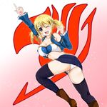  1girl blonde_hair boots breasts brown_eyes cleavage detached_sleeves fairy_tail highres large_breasts lucy_heartfilia one_eye_closed panties skirt smile tattoo thighhighs tranquilizer_(bestcenter) tubetop twintails underwear vest white_panties wink 