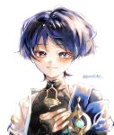  1boy anemo_symbol_(genshin_impact) armor black_bodysuit black_bridal_gauntlets blue_cape blue_gem blunt_ends bodysuit bridal_gauntlets bright_pupils cape choppy_bangs eyelashes eyeliner fingernails gem genshin_impact gold gold_ring gunocha hand_on_own_chest happy highres japanese_armor japanese_clothes kimono kote kurokote looking_at_viewer makeup male_focus mandarin_collar middle_ring open_clothes open_hand open_kimono portrait purple_eyes purple_hair red_eyeliner scaramouche_(genshin_impact) short_sleeves shoulder_peek side_cape solo tsurime twitter_username wanderer_(genshin_impact) white_background white_kimono white_pupils white_sleeves white_trim 