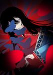  1girl absurdres black_hair blood blue_cloak bug butterfly cloak commentary_request doda facial_tattoo grey_eyes highres holding korean_commentary red_background red_shirt red_vest scp_foundation shirt tattoo vest 