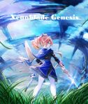  1girl absurdres black_ribbon blue_capelet blue_eyes blue_skirt blue_sky capelet cloud cloudy_sky commentary_request eleanor_(xenoblade) from_behind grass hair_ribbon highres holding holding_sword holding_weapon hyouri00 light_particles long_sleeves pantyhose pink_hair pointy_ears ponytail ribbon school_uniform short_hair skirt sky sword tall_grass weapon white_pantyhose xenoblade_chronicles_(series) xenoblade_genesis 