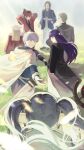 2girls 5boys absurdres adjusting_hair arm_at_side arm_behind_back arms_behind_head backlighting black_coat blonde_hair blue_jacket blue_tunic brown_hair cape cloak coat commentary_request dress dwarf earrings eisen_(sousou_no_frieren) elf faceless faceless_male facing_away facing_down fake_horns feathers fern_(sousou_no_frieren) floating_hair frieren glasses gold_trim grass green_hair grey_hair hair_ornament half_updo heiter helmet high_collar highres himmel_(sousou_no_frieren) holding holding_staff horned_helmet horns jacket jewelry long_dress long_hair long_sleeves looking_at_another looking_back mage_staff multicolored_hair multiple_boys multiple_girls open_mouth outdoors outstretched_arm painterly pointy_ears priest purple_eyes purple_hair red_cape red_hair red_jacket robe roots_(hair) scabbard sein_(sousou_no_frieren) sheath short_hair shoulder_strap sidelighting sky smile sousou_no_frieren staff stark_(sousou_no_frieren) sunlight sushirice_0 teardrop_earrings tunic twintails weapon weapon_on_back white_cloak white_robe wind 