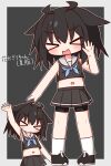  >_< 1girl absurdres bare_arms bare_shoulders bike_shorts bike_shorts_under_skirt black_background black_hair black_shirt black_shoes black_skirt blue_neckerchief blush border closed_eyes closed_mouth collarbone commentary_request crop_top cropped_shirt facing_viewer full_body hana_kazari hand_up highres jitome midriff miniskirt multiple_views navel neckerchief open_mouth original outline outside_border pleated_skirt sailor_collar shirt shoes short_hair simple_background skirt sleeveless sleeveless_shirt socks standing thick_eyebrows translation_request white_border white_outline white_sailor_collar white_socks 