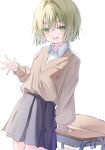  1girl black_skirt blush breast_pocket breasts brown_sweater chair collared_shirt commentary_request cowboy_shot crossed_bangs desk dress_shirt fang fingernails green_eyes green_hair hair_between_eyes hair_intakes hand_on_table hand_up highres long_fingernails long_sleeves looking_at_viewer nail_polish open_mouth original pink_nails pleated_skirt pocket school_chair school_desk school_uniform shirt short_hair sidelocks simple_background skirt sleeves_past_wrists small_breasts smile solo sweater sweater_tucked_in v-neck white_background white_shirt wing_collar yamamotokeisuke1004 
