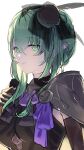  1girl absurdres akekaede824 armor black_dress blush bow breasts closed_mouth commentary_request crossed_bangs dress fascinator fire_emblem fire_emblem:_fortune's_weave green_eyes green_hair hair_between_eyes hat hat_bow highres looking_at_viewer mini_hat ninae_(fire_emblem) short_hair_with_long_locks shoulder_armor simple_background small_breasts solo upper_body white_background 