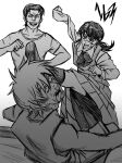  absurdres boots chainsaw_man cross_scar denji_(chainsaw_man) dress dress_shirt fizzysenpai greyscale highres katana_man_(chainsaw_man) kicking laughing long_sleeves monochrome neck_ribbon open_mouth pinafore_dress ribbon ringed_eyes scar scar_on_cheek scar_on_face sharp_teeth shirt short_hair sleeveless sleeveless_dress sweatdrop teeth tongue tongue_out twintails yoru_(chainsaw_man) 